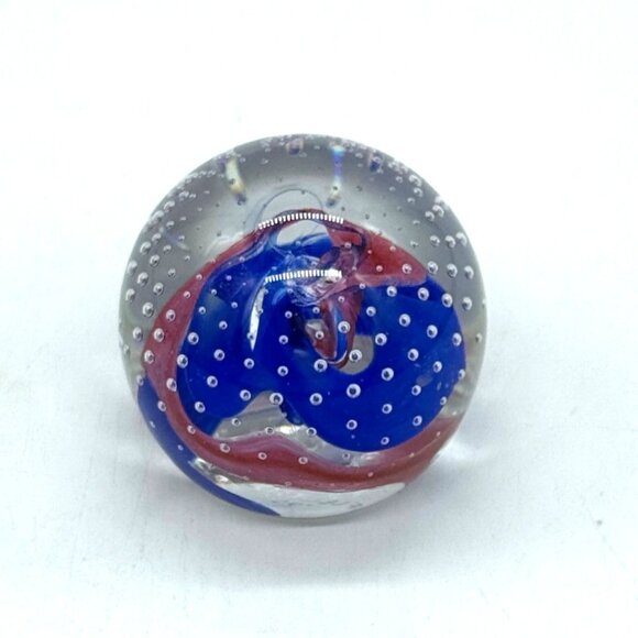 Vintage Caithness Scotland Red And Blue Swirl Controlled Bubbles Paperweight - Picture 3 of 5